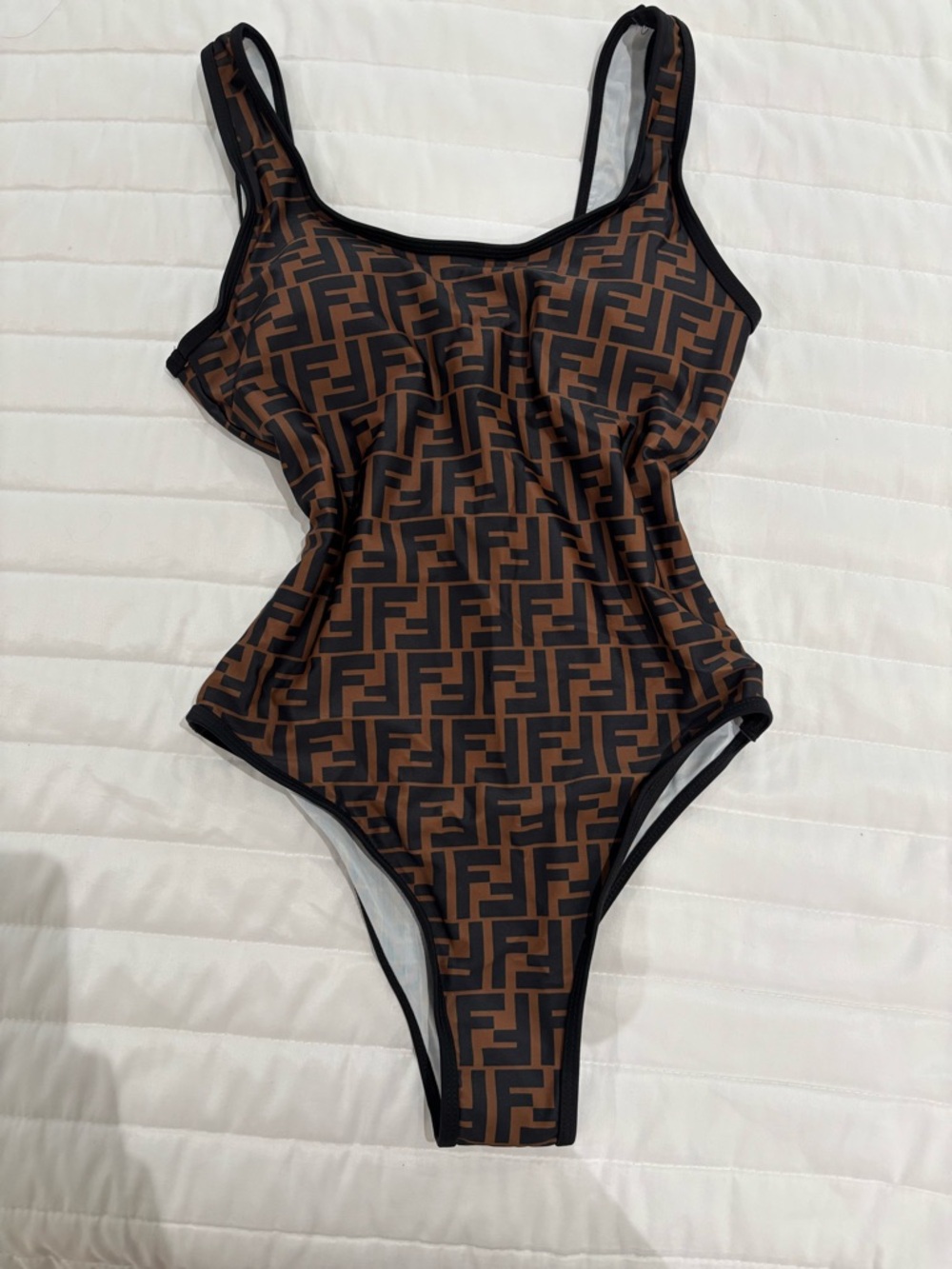 Fendi Brown & Black Logo-Print One-Piece Swimwear